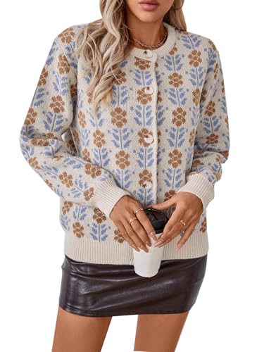 Les umes Strickjacke Damen Langarm Cardigan Herbst Winter Kurz Strickmantel mit Knöpfen Rundhals Strickpullover mit Blumenmuster Beige XL von Les umes