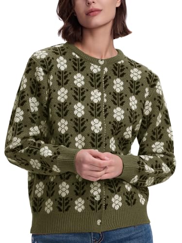 Les umes Strickjacke Damen Langarm Cardigan Herbst Winter Kurz Strickmantel mit Knöpfen Rundhals Strickpullover mit Blumenmuster Grün XXL von Les umes
