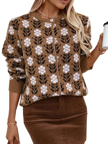 Les umes Strickjacke Damen Langarm Cardigan Herbst Winter Kurz Strickmantel mit Knöpfen Rundhals Strickpullover mit Blumenmuster Khaki L von Les umes