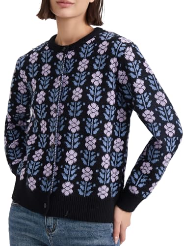 Les umes Strickjacke Damen Langarm Cardigan Herbst Winter Kurz Strickmantel mit Knöpfen Rundhals Strickpullover mit Blumenmuster Schwarz XL von Les umes