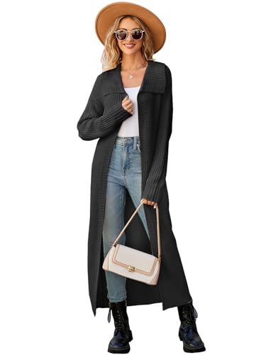 Les umes Strickjacken für Damen Lang Cardigan vorne offen Strickmantel Langarm Herbst Winter Strickpullover Oversize Schwarz L von Les umes