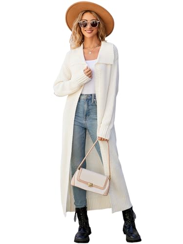 Les umes Strickjacken für Damen Lang Cardigan vorne offen Strickmantel Langarm Herbst Winter Strickpullover Oversize Weiß S von Les umes