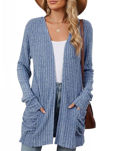 Les umes Strickjacken für Damen Lang Cardigan vorne offen Strickmantel Mit Taschen Langarm Herbst Winter Strickpullover Blau L von Les umes