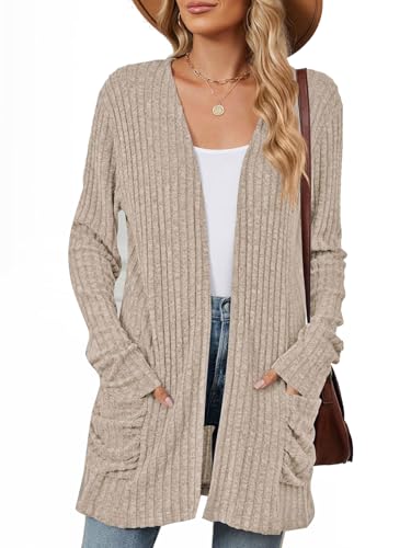 Les umes Strickjacken für Damen Lang Cardigan vorne offen Strickmantel Mit Taschen Langarm Herbst Winter Strickpullover Khaki XL von Les umes