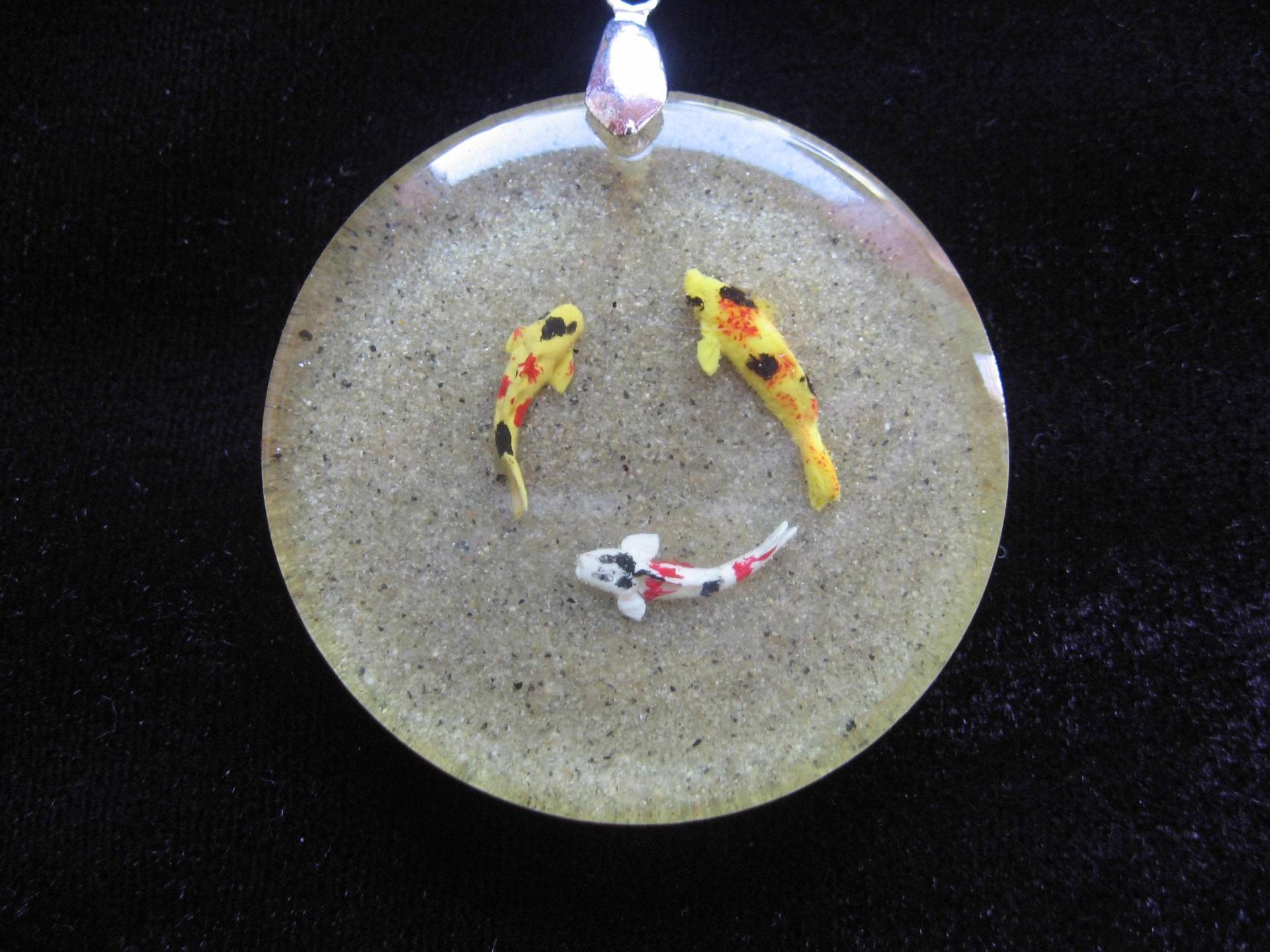 Runder Unisex-Anhänger An Einer Schwarzen Halskette, Runder Fisch Auf Sandigem Harzgrund, Durchmesser 40 Mm, Einzigartige Kreation von LesBijouxDesZotonis