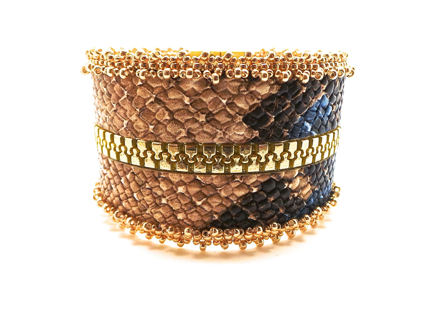 Armband Leder Piton, Bias Reißverschluss Und Perlenstickerei Armband Leder Piton, Bias Reißverschluss Und Perlenstickerei von LesBijouxdeZaza