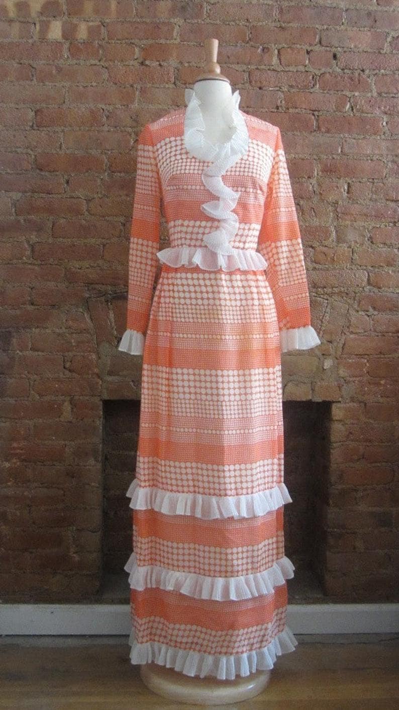 1960Er Jahre Miss Elliette Oranges Maxikleid Mit Rüschen | 60Er Mod Groovy Viktorianisch Inspiriert von LesFemmesVintageNYC