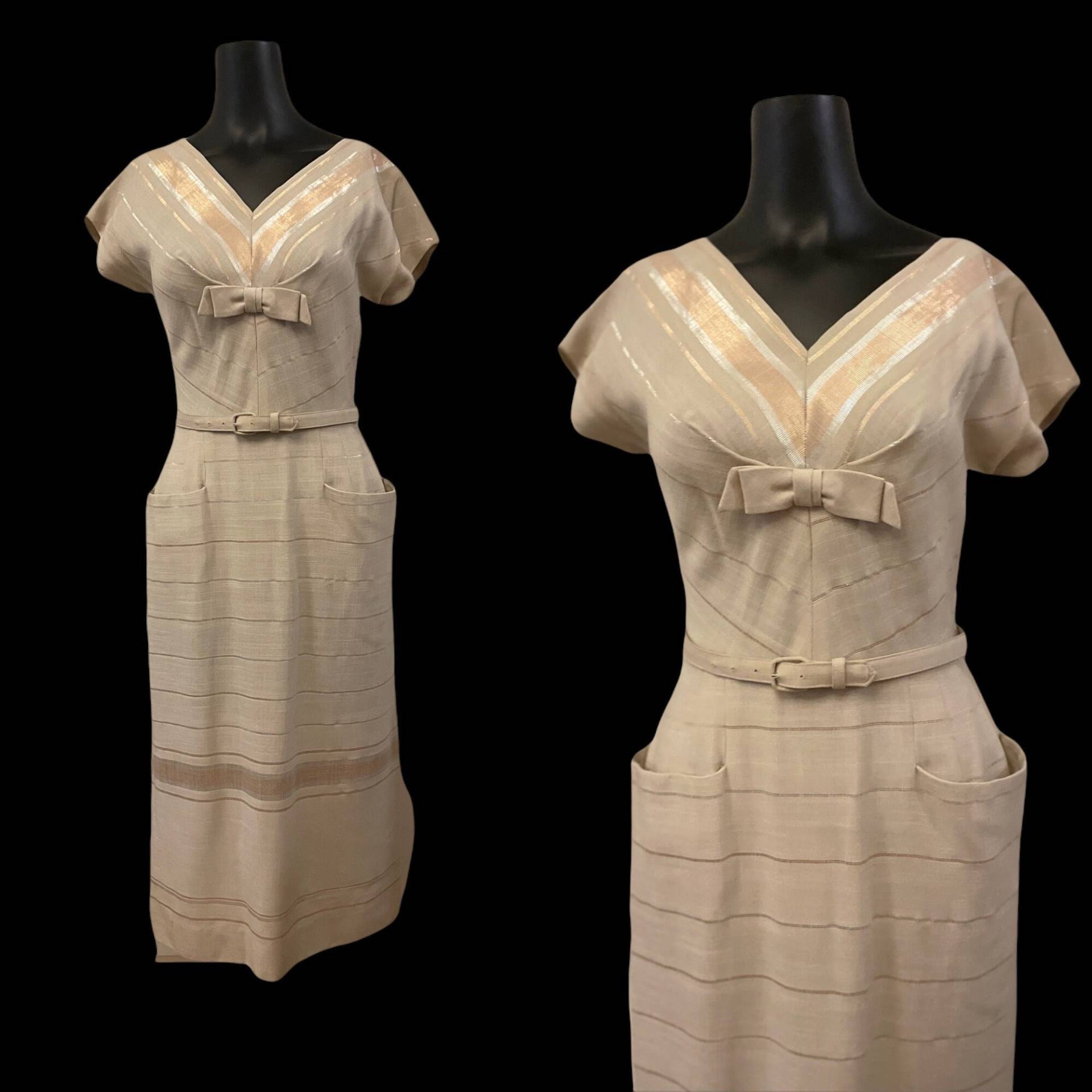 50Er Jahre Beige Wiggle Kleid Mid Century von LesFemmesVintageNYC