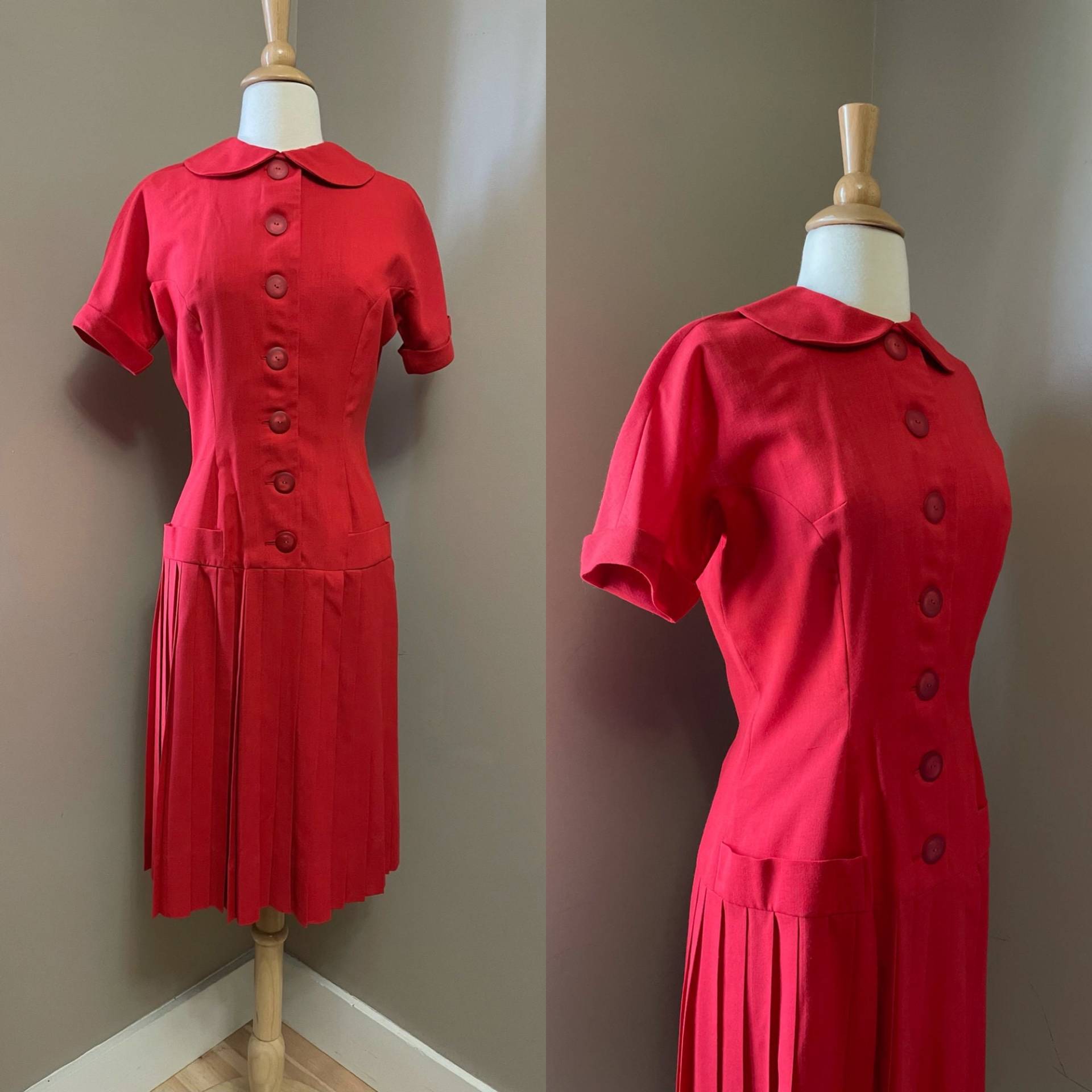 50Er Jahre Kirschrotes Hemdkleid Mid Century Kleid von LesFemmesVintageNYC