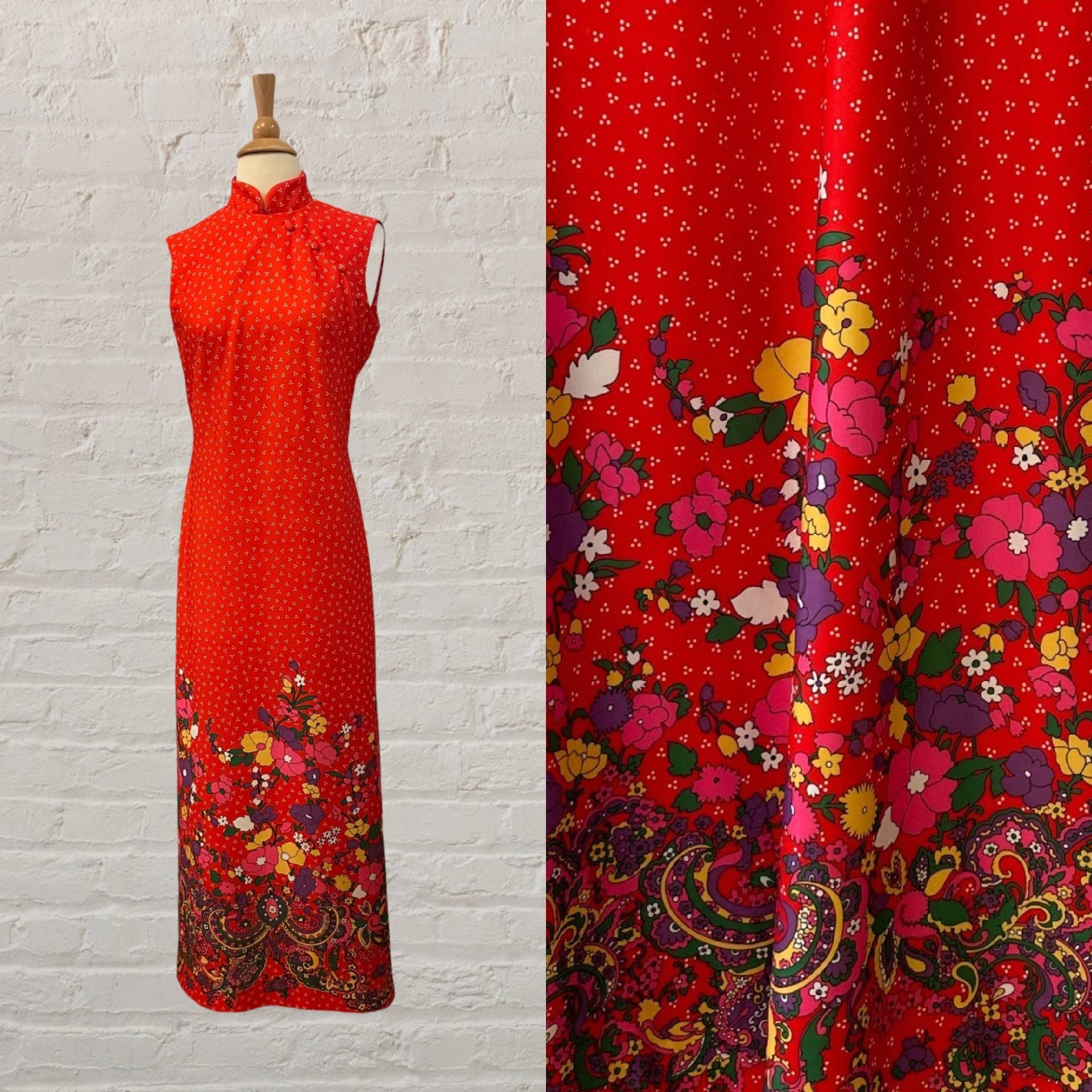 Kirschrotes Maxikleid Im Cheongsam-stil Der 1970Er Jahre | 70Er-Jahre-Retro-Groovy von LesFemmesVintageNYC