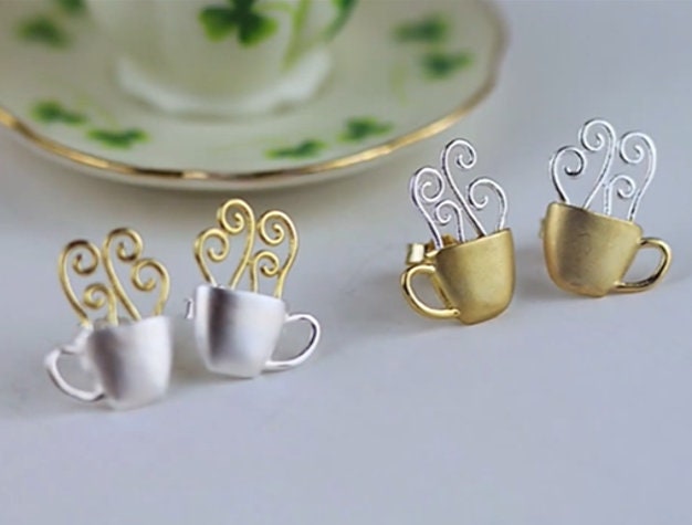 Dampfende Kaffeeohrstecker 925Er Silber Ohrstecker Kaffeetasse Ohrringe Kaffeeliebhaber Schmuck von LesFleurinesJewels