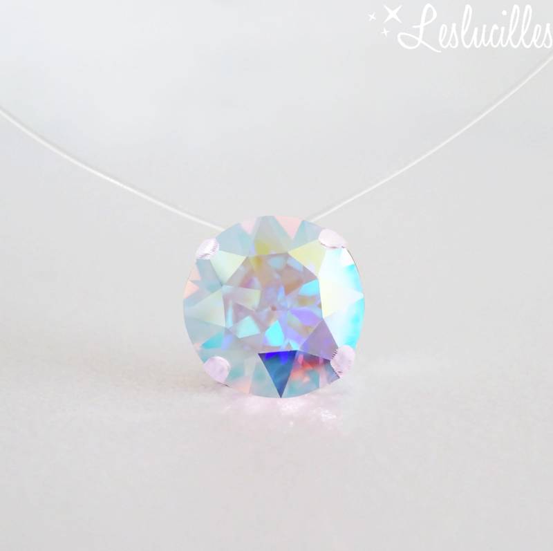 Blaue Aurora Borealis Kristallkette - Kleiner Oder Grosser Solitär Unsichtbare Angelschnur/Klarer Nylon-stil Anhänger | 4 Zinken von LesLucilles