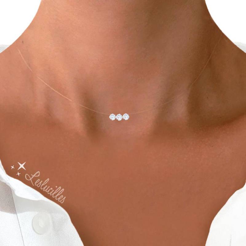 Unsichtbare Dreifach-Solitär-Halskette, Silber, Vergoldet, Gold - 3 Strass-Halsband, Klare Nylon-Angelschnur, Anpassbar von LesLucilles