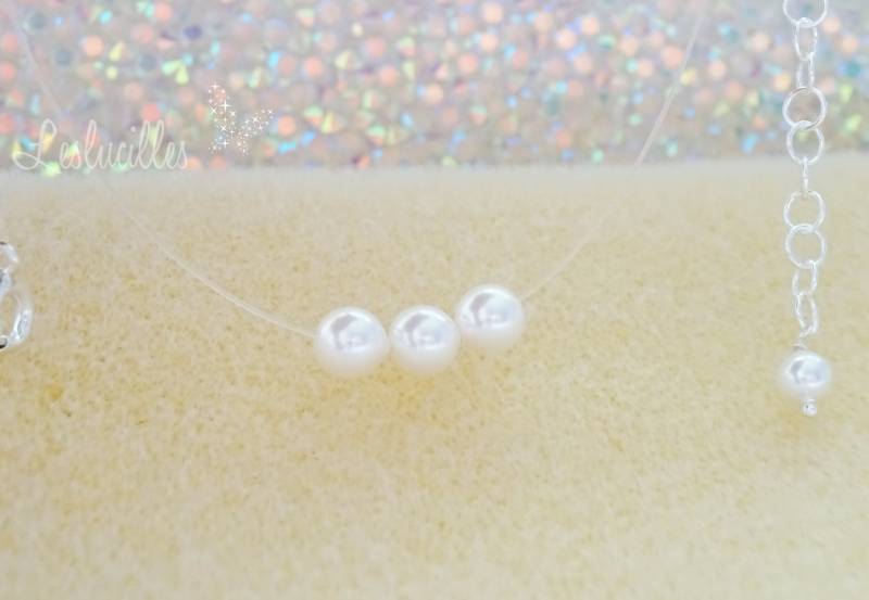 Unsichtbare Halskette Drei Weiße Perlen - 925Er Silber Hypoallergen Transparenter Nylon-Angelfaden Anpassbar Einstellbar von LesLucilles