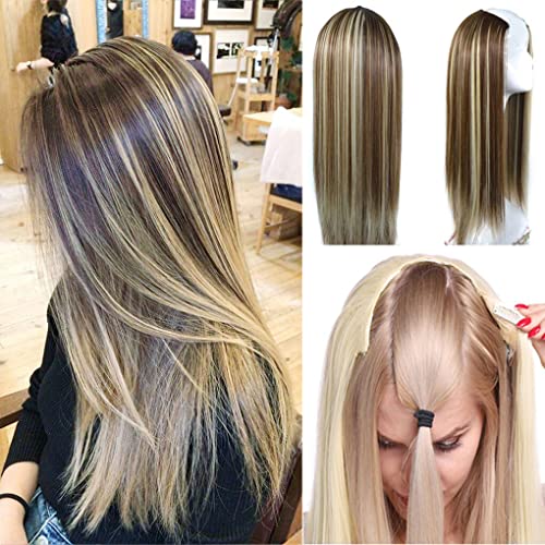 61 cm glatte synthetische V-förmige Perücke für Damen, Ombré-U-Teil, Clip-in-Haarverlängerung, 3/4-Halbhaarteil, 1BT0906# von LesafeV