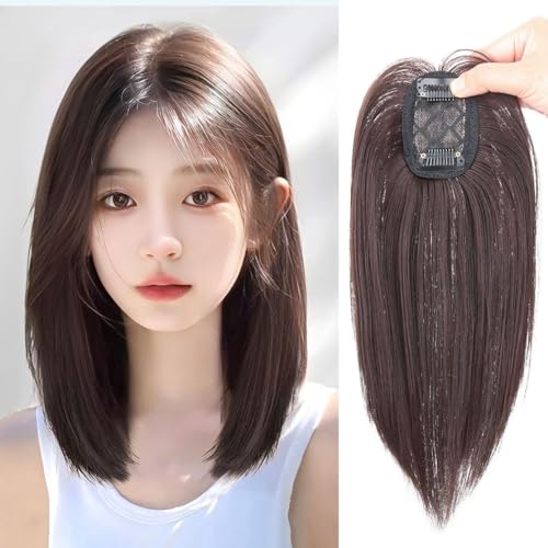 Glattes 25 cm langes Haarteil, Mittelteil mit Clips, synthetisch, intelligent, 5 x 8 cm, Perücken-Toupet für Damen, bedeckt dünnes Haar (Schwarzbraun) von LesafeV