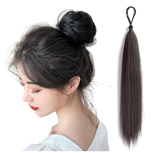 Pferdeschwanz-Dutt, synthetischer Chignon mit elastischem Hochsteckfrisur-Haarteil, Verlängerung für Damen, Haarknoten, Haarteil (glatt, dunkelschwarz) von LesafeV