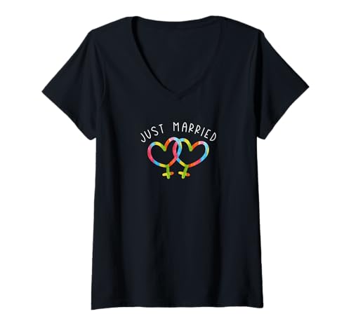 Damen Lesbisches T-Shirt Just Married T-Shirt mit V-Ausschnitt Damen Lesbisches T-Shirt Just Married T-Shirt mit V-Ausschnitt von Lesbian Shirt