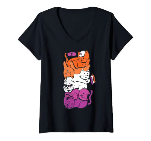 Damen Lesbian Flag Kawaii Cats Lesbian T-Shirt mit V-Ausschnitt Damen Lesbian Flag Kawaii Cats Lesbian T-Shirt mit V-Ausschnitt von Lesbian Shirts and Sweaters