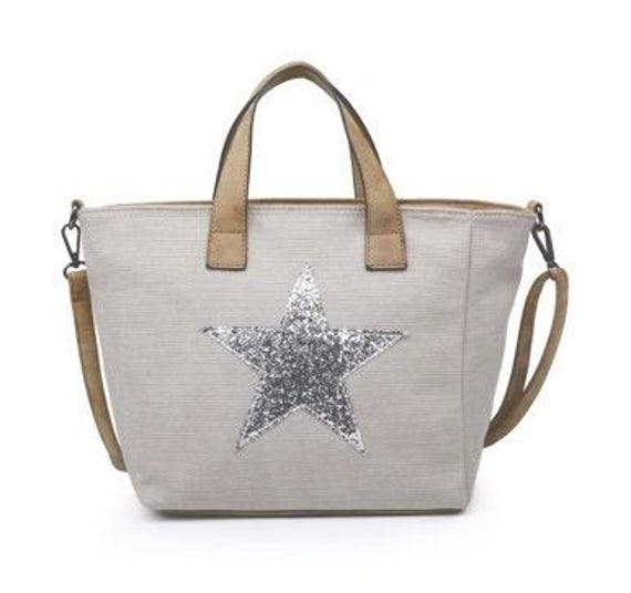 Hellgraue Canvas Handtasche Mit Silbernem Stern von LescaleFurnishings