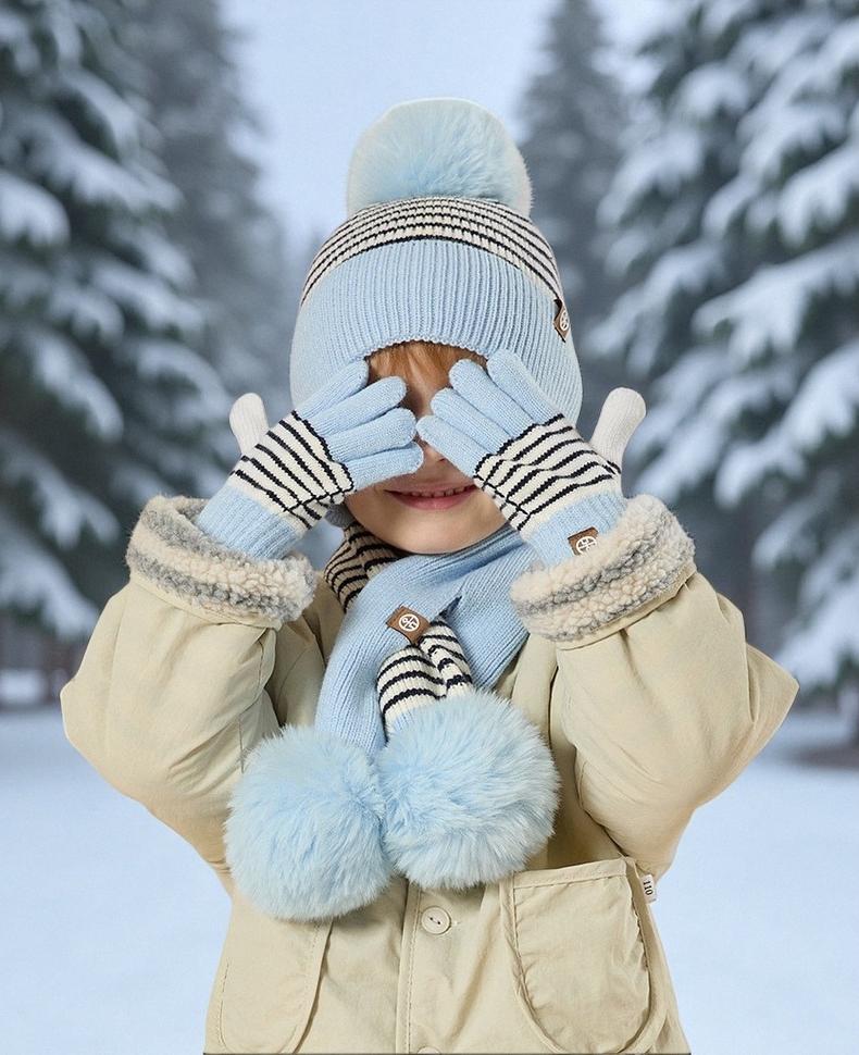 3-Teiliges Set Für Kinder Mützen, Schals, Handschuhe, Gestreifte Mützen Herbst Und Winter, Gestrickte Ohrenschutzmützen Aus Wolle von Lescratif