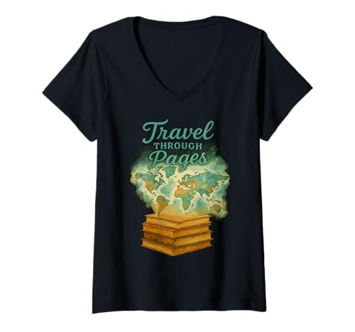 Damen Travel Through Pages Entdecke Die Welt Der Bücher T-Shirt mit V-Ausschnitt Damen Travel Through Pages Entdecke Die Welt Der Bücher T-Shirt mit V-Ausschnitt von Leseabenteuer Bücherliebhaber Reisen Welt