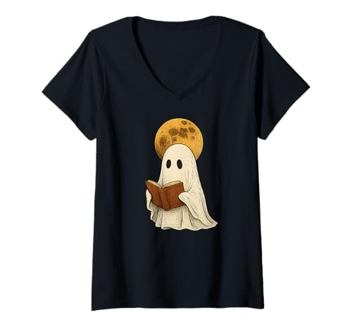 Damen Ghost Reading Book Halloween T-Shirt mit V-Ausschnitt Damen Ghost Reading Book Halloween T-Shirt mit V-Ausschnitt von Lesekader