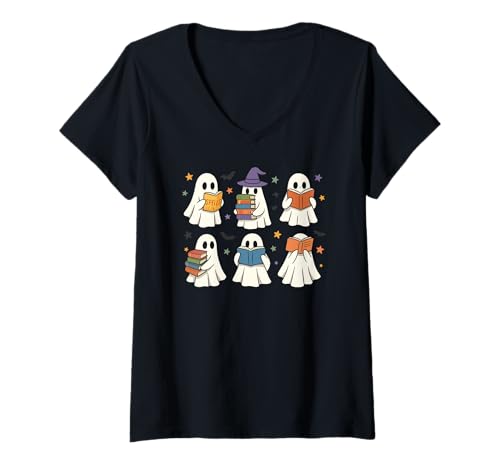 Damen Geister Lesen Bücher Halloween Lustig Niedlich Teens Kinder T-Shirt mit V-Ausschnitt Damen Geister Lesen Bücher Halloween Lustig Niedlich Teens Kinder T-Shirt mit V-Ausschnitt von Lesen Halloween Gespenster Enthusiasten Bücher