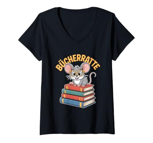Damen Bücherratte Maus Mit Brille Auf Stapel Bücher Lesen T-Shirt mit V-Ausschnitt von Lesen Maus Bücher Bibliothek Schule Studium