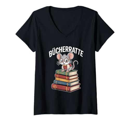 Damen Bücherratte Niedliche Lese Maus Auf Bücherstapel T-Shirt mit V-Ausschnitt Damen Bücherratte Niedliche Lese Maus Auf Bücherstapel T-Shirt mit V-Ausschnitt von Leseratte Bibliophil Bücher Lesen Maus Nerd