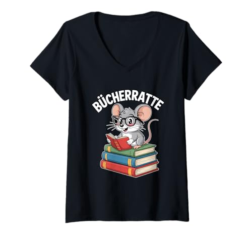 Damen Bücherratte Niedliche Maus Mit Brille Auf Bücherstapel T-Shirt mit V-Ausschnitt Damen Bücherratte Niedliche Maus Mit Brille Auf Bücherstapel T-Shirt mit V-Ausschnitt von Leseratte Bücher Maus Brille Bibliophil Buchclub