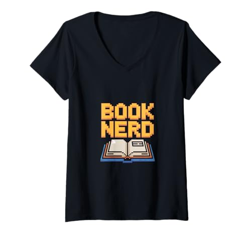 Damen Book Nerd Pixel Retro Leseratte Bücher Liebe T-Shirt mit V-Ausschnitt von Leseratte Bücherwurm Pixel Retro Lesen