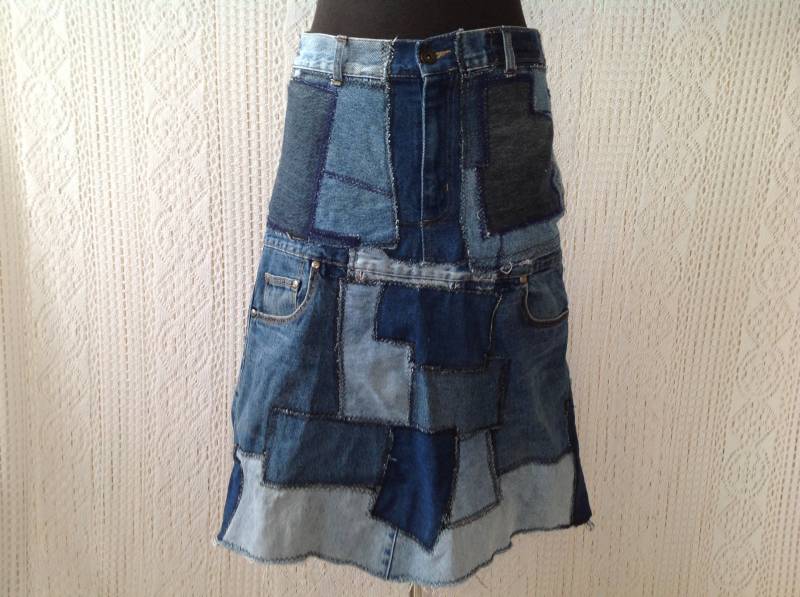 Jeansrock Patchwork Upcycled Recycelt T.38/40 von Lesfeuxantiques