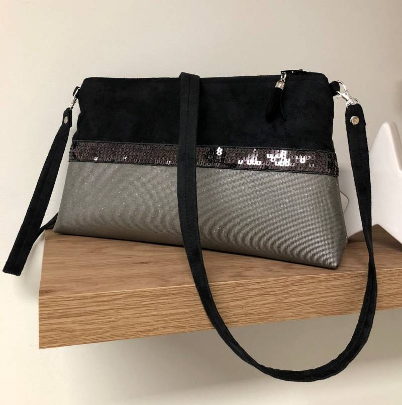 Abend-Clutch in Schwarz Und Grau Mit Pailletten/Kleine Handtasche Reißverschluss Schultergurt Damen-Umhängetasche, Anpassbar von Lesfilsdisa