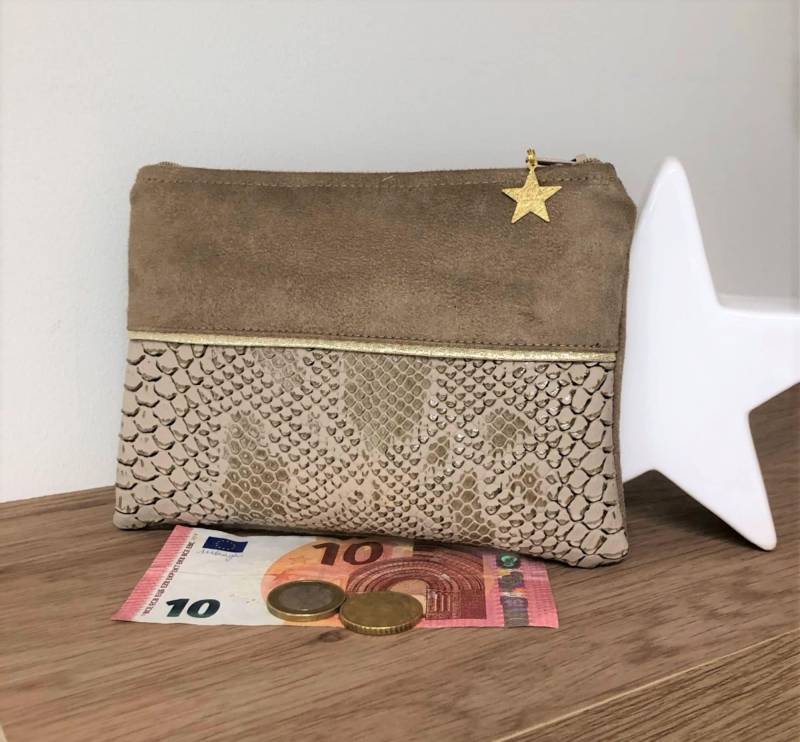 Damen-Geldbörse in Kamel Und Gold/Beutel Aus Reptillederimitat, Wildleder Mini-Flachbeutel Mit Reißverschluss, Papiere, Anpassbar von Lesfilsdisa