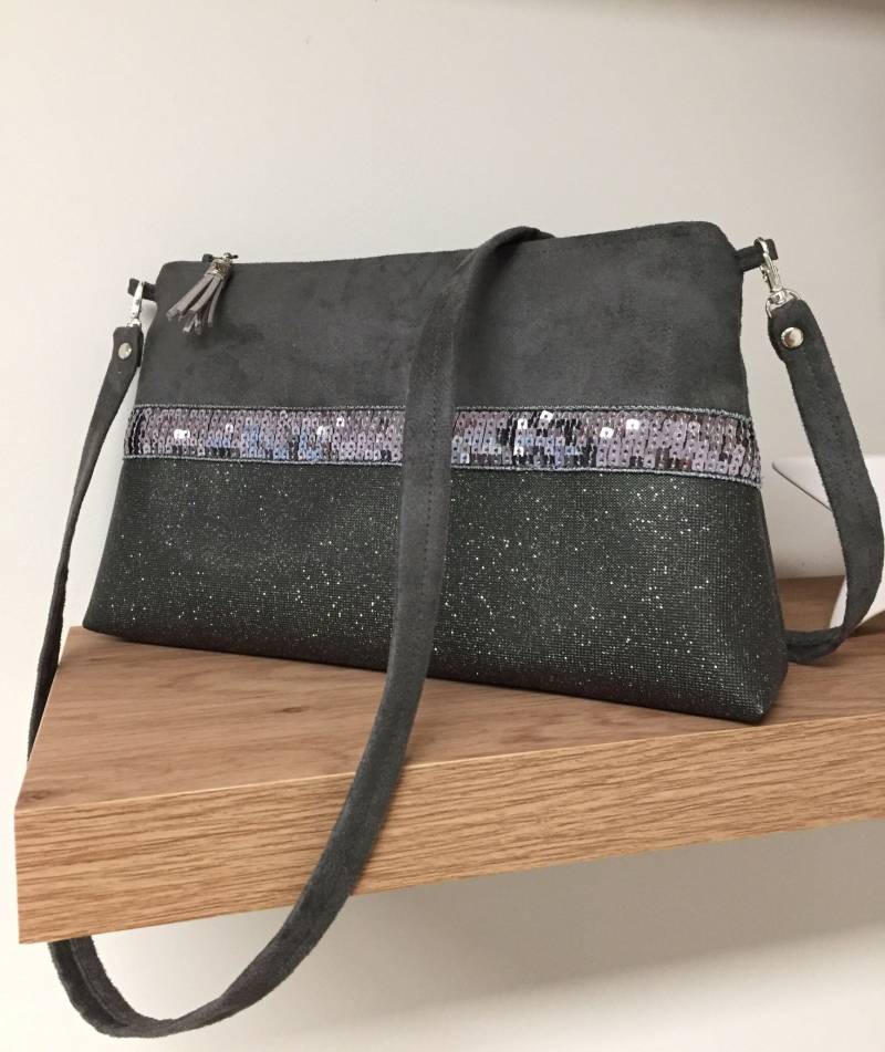 Graue Umhängetasche Mit Silbernen Pailletten/Kleine Anthrazitfarbene Und Silberne Damen-Baguette-Tasche Anpassbare Handtasche von Lesfilsdisa