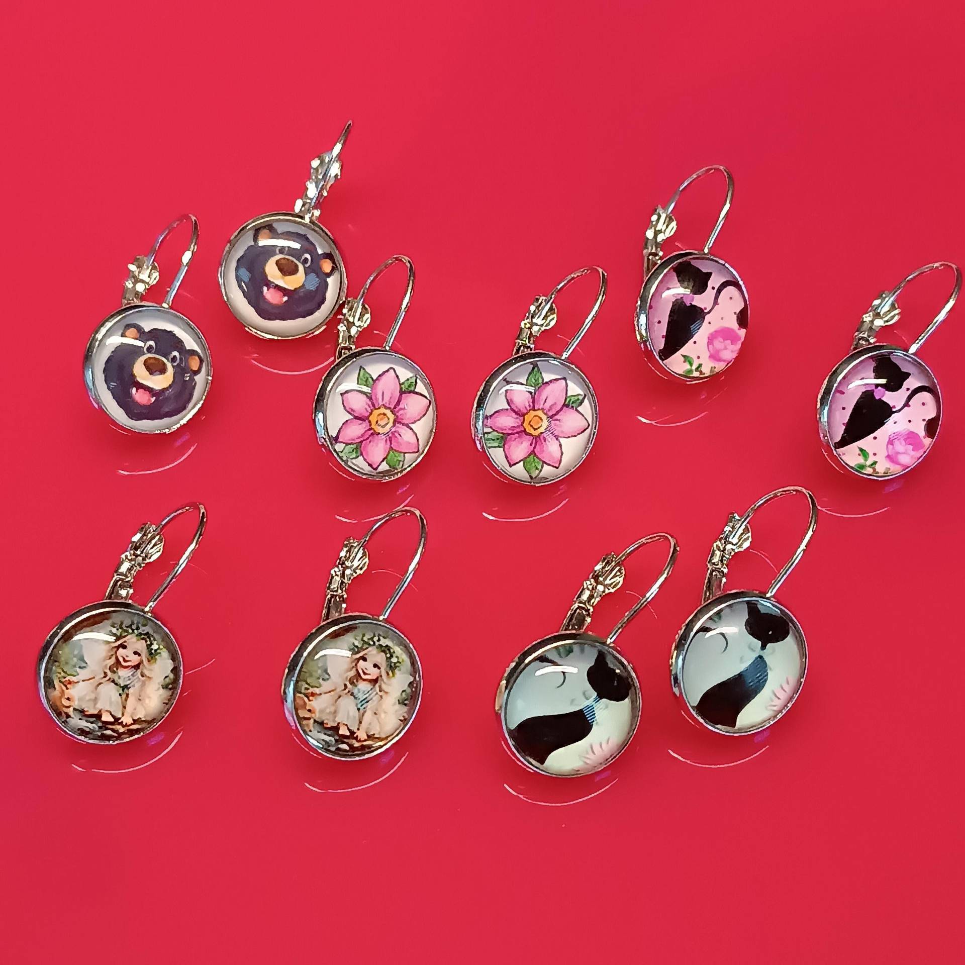 Glas-Cabochon-Ohrringe, 12 Mm, Vintage, Motivauswahl von Lesinja