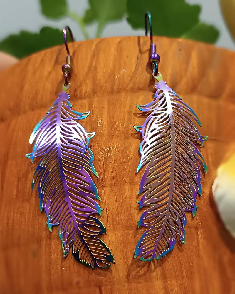 Regenbogen Bunte Feder Filigrane Ohrringe Leicht Ornament, Etui von LesinjaLaden