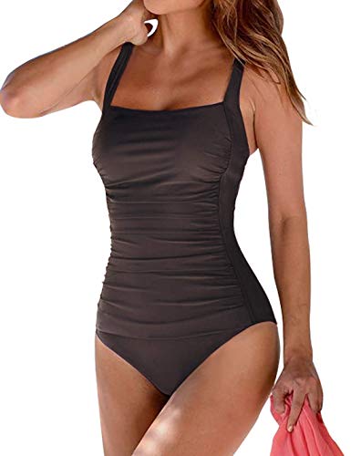 Leslady Damen Einfarbig Badeanzug Bandeau Monokini Figurformende Verstellbarer Schultergurt Badeanzüge Falten Bademode Schwimmanzug, Kaffee, EU 38-40 (M) von Leslady