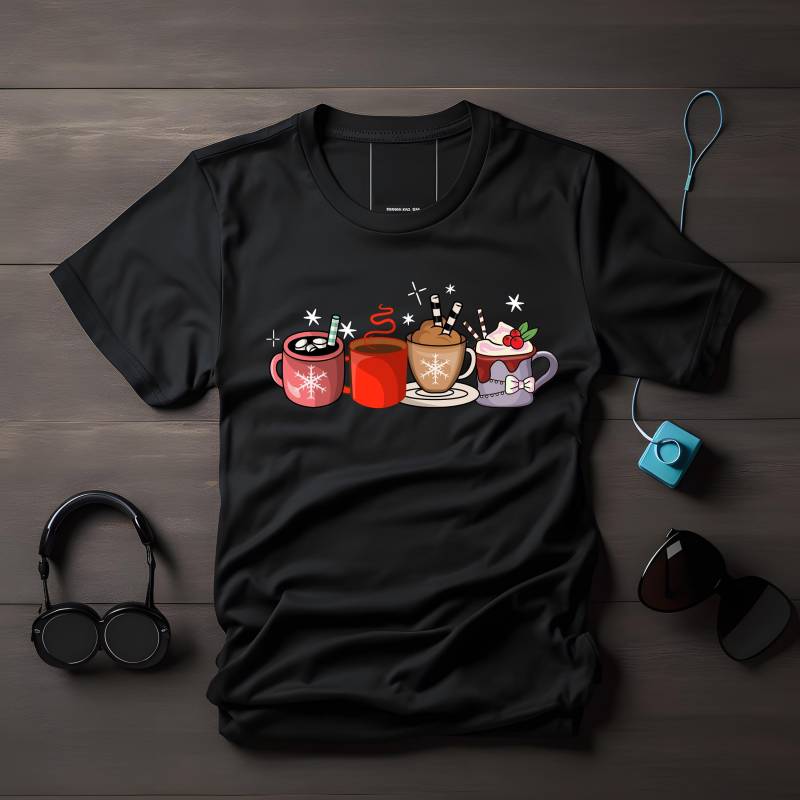 4 Festliche Weihnachtsgetränke T-Shirt, Heiße Schokolade Mit Marshmallows, Weihnachtsdrinks Design, Winterliches Shirt, Weihnachtsgeschenk von LesleysPrintFrenzy