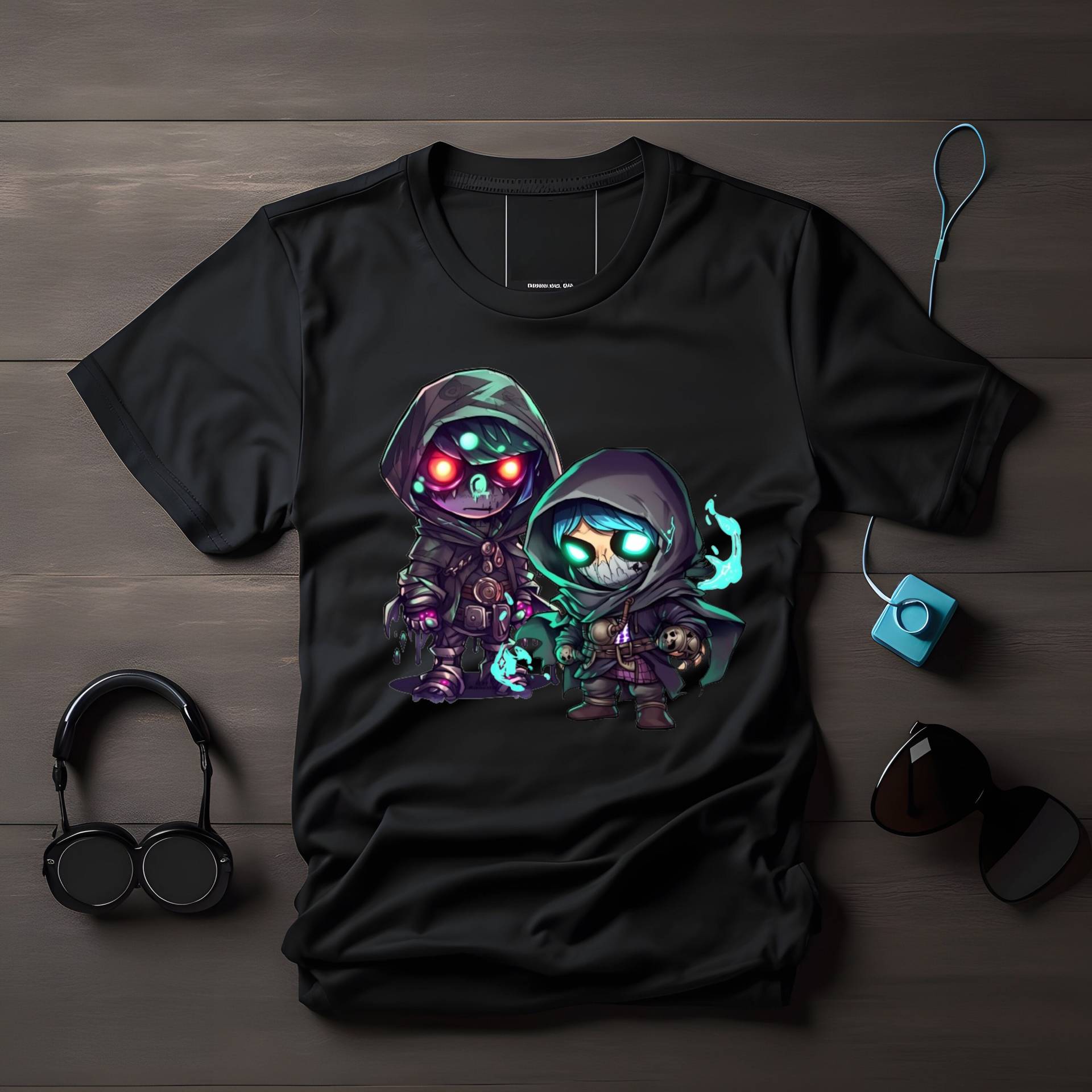 Anime Undead Schurke T-Shirt, Schurken Cartoon Rogue Duo Geister Zombie Halloween Totenkopf T-Shirt von LesleysPrintFrenzy