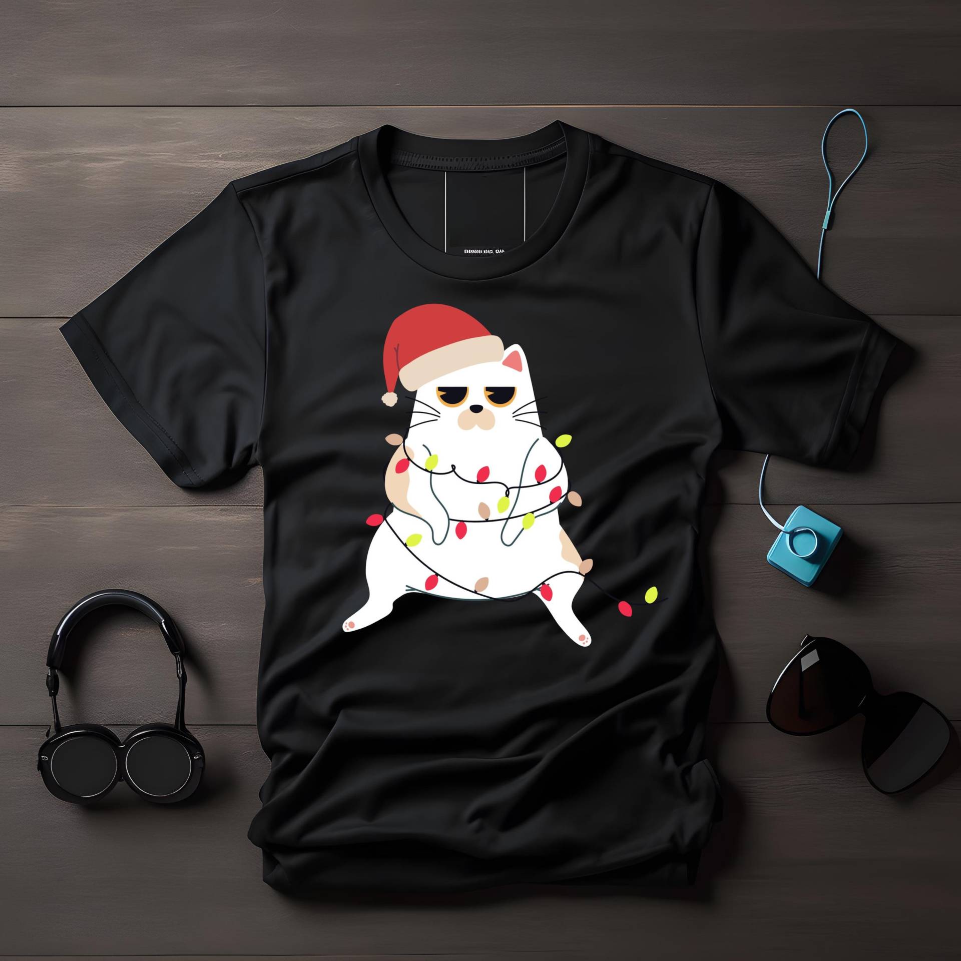 Dumme Weihnachtskatze T-Shirt, Lustige Weihnachtskatze, Katze Mit Weihnachtsmütze, Weihnachtsdeko Verheddert, Lustiges Weihnachten Shirt von LesleysPrintFrenzy