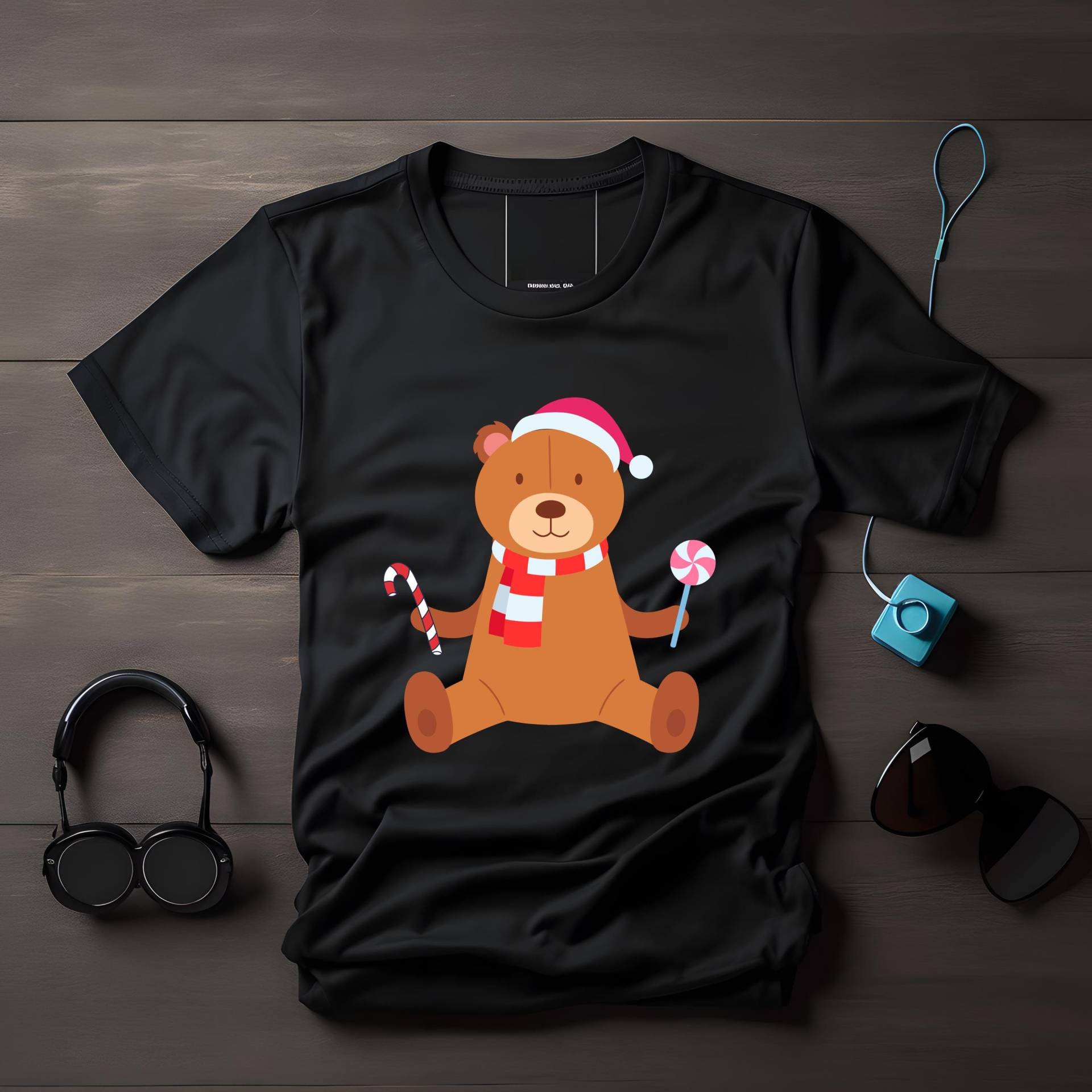 Süßer Weihnachtsbär T-Shirt, Bär Mit Weihnachtsmütze Und Süßigkeiten, Weihnachten Shirt, Weihnachtsgeschenk, Festliches Shirt Schal von LesleysPrintFrenzy