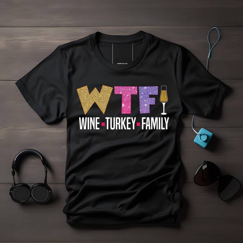 Wtf T-Shirt Damen | Wine Turkey Family Design Lustiges Familien Shirt Glitzer Geschenk Für Frauen Geburtstagsgeschenkidee S-xxl von LesleysPrintFrenzy