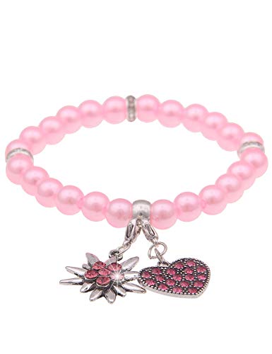 Leslii Damen-Armband Herz-Anhänger Edelweiß Oktoberfest Wiesn Dirndl pinkes Perlen-Armband Modeschmuck-Armband in Pink von Leslii