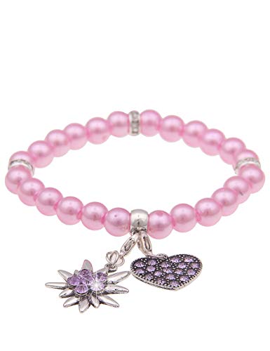 Leslii Damen-Armband Herz-Anhänger Edelweiß Oktoberfest Wiesn Dirndl rosa Perlen-Armband Modeschmuck-Armband Pastel Rosa von Leslii