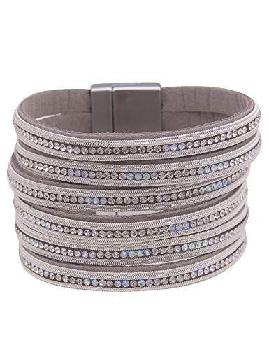 Leslii Damen-Armband Statement-Armband Glitzer veganes Leder-Armband breites Modeschmuck-Armband Strass in Silber Weiß von Leslii