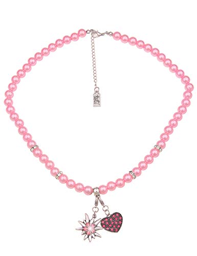 Leslii Damen-Kette Herz-Anhänger Edelweiß Oktoberfest Wiesn Dirndlkette pinke Perlen-Kette kurze Modeschmuck-Kette in Pink von Leslii