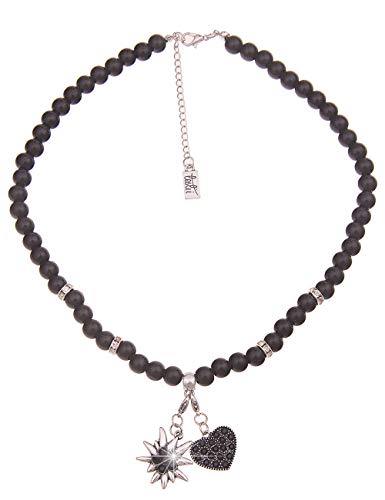 Leslii Damen-Kette Herz-Anhänger Edelweiß Oktoberfest Wiesn Dirndlkette schwarze Perlen-Kette kurze Modeschmuck-Kette Schwarz von Leslii