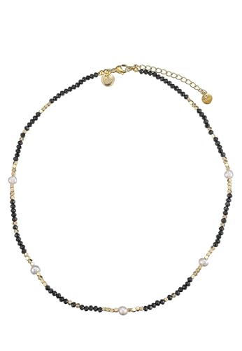Leslii Damen-Kette Kristall Collier Quader Edelstahl-Kette kurze Halskette schwarze Glassteine weiße Perlen Gold von Leslii
